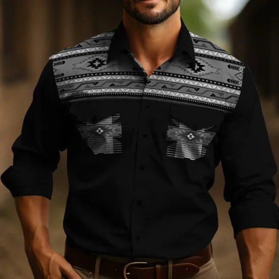 Hot OUKU Men's Tribal Graphic Prints Vintage Shirt Western Shirt Cowboy Shirt Long Sleeve Fashion Streetwear Designer Outdoor Daily Fall & Winter Turndown Print Yellow Gray