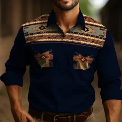 Hot OUKU Men's Tribal Graphic Prints Vintage Shirt Western Shirt Cowboy Shirt Long Sleeve Fashion Streetwear Designer Outdoor Daily Fall & Winter Turndown Print Yellow Gray