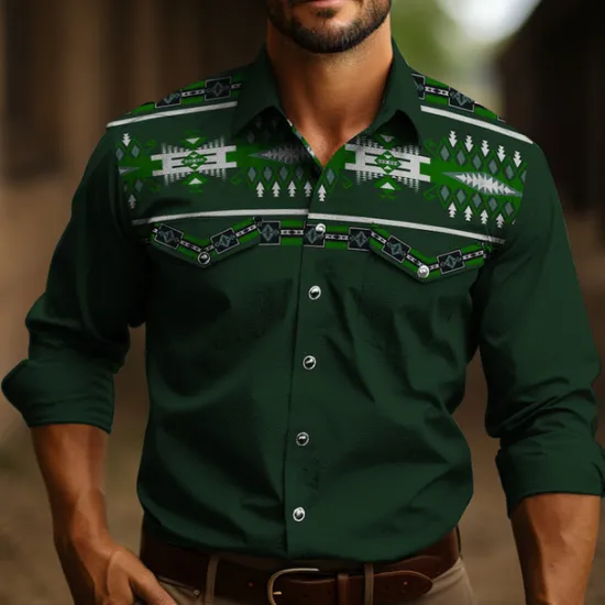 Discount OUKU Men's Tribal Graphic Prints Vintage Shirt Western Shirt Cowboy Shirt Long Sleeve Fashion Designer Casual Outdoor Daily Fall & Winter Turndown Print Black Navy Blue Dark Green