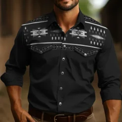 Discount OUKU Men's Tribal Graphic Prints Vintage Shirt Western Shirt Cowboy Shirt Long Sleeve Fashion Designer Casual Outdoor Daily Fall & Winter Turndown Print Black Navy Blue Dark Green