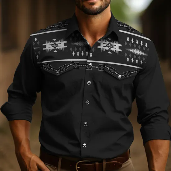Discount OUKU Men's Tribal Graphic Prints Vintage Shirt Western Shirt Cowboy Shirt Long Sleeve Fashion Designer Casual Outdoor Daily Fall & Winter Turndown Print Black Navy Blue Dark Green