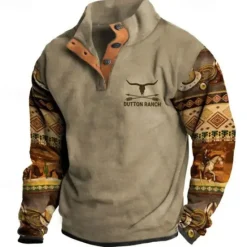 OUKU Men's Tribal Graphic Prints Sweatshirts Sweatshirt Pullover Long Sleeve Sweatshirt Stand Collar Fashion Ethnic Casual 3D Print Holiday Going out Streetwear Buttons Print Fleece Spring & Fall