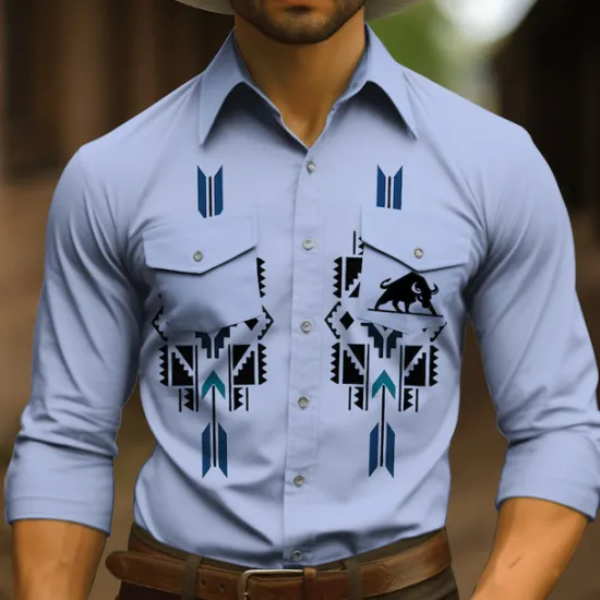Outlet OUKU Men's Tribal Graphic Prints Vintage Shirt Western Shirt Cowboy Shirt Long Sleeve Fashion Streetwear Designer Outdoor Daily Fall & Winter Turndown Print Blue Khaki
