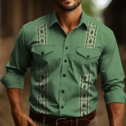 OUKU Men's Tribal Graphic Prints Vintage Shirt Western Shirt Cowboy Shirt Long Sleeve Fashion Designer Casual Outdoor Daily Fall & Winter Turndown Print Light Green Dusty Rose Blue Green