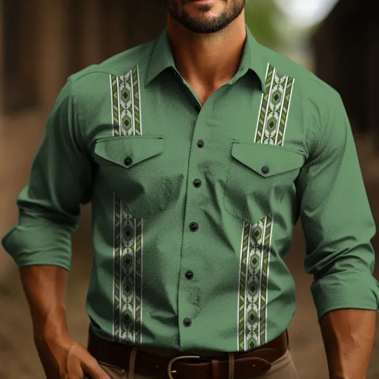 OUKU Men's Tribal Graphic Prints Vintage Shirt Western Shirt Cowboy Shirt Long Sleeve Fashion Designer Casual Outdoor Daily Fall & Winter Turndown Print Light Green Dusty Rose Blue Green