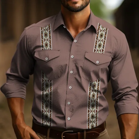 OUKU Men's Tribal Graphic Prints Vintage Shirt Western Shirt Cowboy Shirt Long Sleeve Fashion Designer Casual Outdoor Daily Fall & Winter Turndown Print Light Green Dusty Rose Blue Green