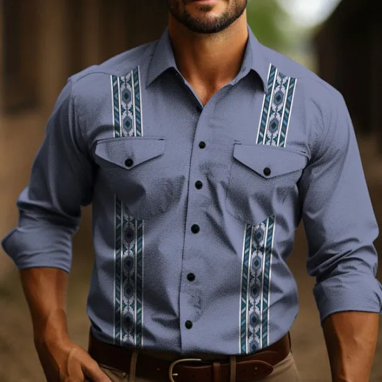 OUKU Men's Tribal Graphic Prints Vintage Shirt Western Shirt Cowboy Shirt Long Sleeve Fashion Designer Casual Outdoor Daily Fall & Winter Turndown Print Light Green Dusty Rose Blue Green