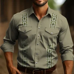 OUKU Men's Tribal Graphic Prints Vintage Shirt Western Shirt Cowboy Shirt Long Sleeve Fashion Designer Casual Outdoor Daily Fall & Winter Turndown Print Light Green Dusty Rose Blue Green