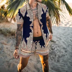 Online OUKU Men's Tribal 2pcs Shirts Sets Summer Hawaiian Shirt Short Sleeve Short Pants Turndown Fashion Hawaiian Designer Outdoor Vacation Beach 3D Print Button-Down Summer Spring Navy Blue