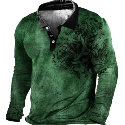 Clearance OUKU Men's Tribal Polo Shirts Golf Shirt Long Sleeve Polo Shirts Collared Shirts Vintage Casual Vacation Wear Festival Wear Party Outfits Buttons 3D Print Blue Brown Green