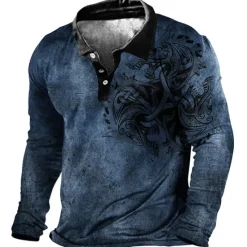 Clearance OUKU Men's Tribal Polo Shirts Golf Shirt Long Sleeve Polo Shirts Collared Shirts Vintage Casual Vacation Wear Festival Wear Party Outfits Buttons 3D Print Blue Brown Green