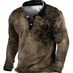 Clearance OUKU Men's Tribal Polo Shirts Golf Shirt Long Sleeve Polo Shirts Collared Shirts Vintage Casual Vacation Wear Festival Wear Party Outfits Buttons 3D Print Blue Brown Green