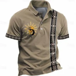 Online OUKU Men's Tribal Polo Shirts Golf Shirt Short Sleeve Polo Shirts Collared Shirts Vacation Wear Party Outfits Buttons 3D Print Summer Spring Blue Green Khaki
