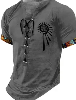 OUKU Men's Tribal Shirt Short Sleeve T shirt 3D Print Lace Up Neck Shirt Retro Vintage Vintage Retro Street Casual Daily Black Khaki Dark Gray Summer Spring Clothing Apparel S M L XL XXL XXXL