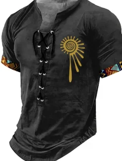 OUKU Men's Tribal Shirt Short Sleeve T shirt 3D Print Lace Up Neck Shirt Retro Vintage Vintage Retro Street Casual Daily Black Khaki Dark Gray Summer Spring Clothing Apparel S M L XL XXL XXXL