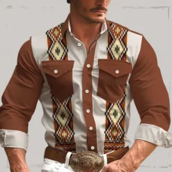 Hot OUKU Men's Tribal Shirt Western Shirt Long Sleeve Western Style Tribal Summer Spring Fall Shirt Collar Brown