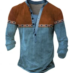New OUKU Men's Tribal T Shirt Henley Shirt Long Sleeve 3D Print Designer Retro Vintage Street Casual Daily Summer Spring Fall Dark Brown Black Blue Brown Green Henley Henley T-Shirt