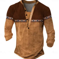 New OUKU Men's Tribal T Shirt Henley Shirt Long Sleeve 3D Print Designer Retro Vintage Street Casual Daily Summer Spring Fall Dark Brown Black Blue Brown Green Henley Henley T-Shirt