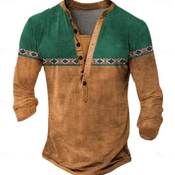 New OUKU Men's Tribal T Shirt Henley Shirt Long Sleeve 3D Print Designer Retro Vintage Street Casual Daily Summer Spring Fall Dark Brown Black Blue Brown Green Henley Henley T-Shirt