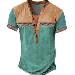 Outlet OUKU Men's Tribal T Shirt Henley Shirt Tee Short Sleeve Designer Basic Bohemian Outdoor Casual Daily Summer Lake Blue Light Green Light Blue Khaki Henley Henley T-Shirt