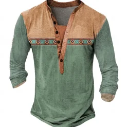Hot OUKU Men's Tribal T Shirt Henley Shirt Long Sleeve 3D Print Designer Retro Vintage Street Casual Daily Summer Spring Fall Lake Blue Navy Blue Brown Green Gray Henley Henley T-Shirt