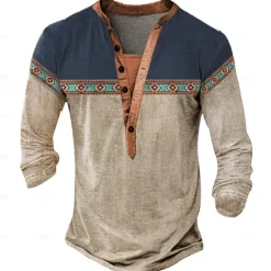 Hot OUKU Men's Tribal T Shirt Henley Shirt Long Sleeve 3D Print Designer Retro Vintage Street Casual Daily Summer Spring Fall Lake Blue Navy Blue Brown Green Gray Henley Henley T-Shirt