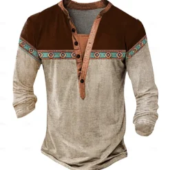 Hot OUKU Men's Tribal T Shirt Henley Shirt Long Sleeve 3D Print Designer Retro Vintage Street Casual Daily Summer Spring Fall Lake Blue Navy Blue Brown Green Gray Henley Henley T-Shirt