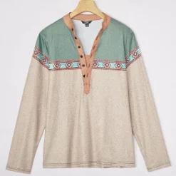 Hot OUKU Men's Tribal T Shirt Henley Shirt Long Sleeve 3D Print Designer Retro Vintage Street Casual Daily Summer Spring Fall Lake Blue Navy Blue Brown Green Gray Henley Henley T-Shirt