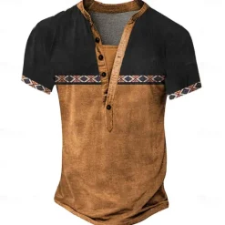 Hot OUKU Men's Tribal T Shirt Henley Shirt Tee Short Sleeve Vintage Designer Basic Outdoor Casual Daily Summer Dark Brown Black Green Blue Light Grey Henley Henley T-Shirt