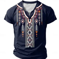 New OUKU Men's Tribal T Shirt Short Sleeve 3D Print Vacation Fashion Ethnic Casual Summer Spring Henley Henley T-Shirt Dark Blue