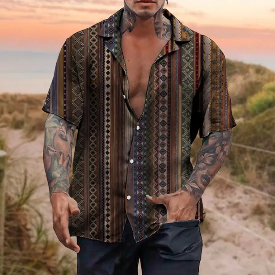 Outlet OUKU Men's Tribal Vintage Geometry Shirt Boho Shirt Button Up Shirt Short Sleeve Tropical Sports Fashion Casual Holiday Beach Summer Spring Cuban Collar Print Button-Down Blue Brown Gray