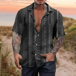 Outlet OUKU Men's Tribal Vintage Geometry Shirt Boho Shirt Button Up Shirt Short Sleeve Tropical Sports Fashion Casual Holiday Beach Summer Spring Cuban Collar Print Button-Down Blue Brown Gray