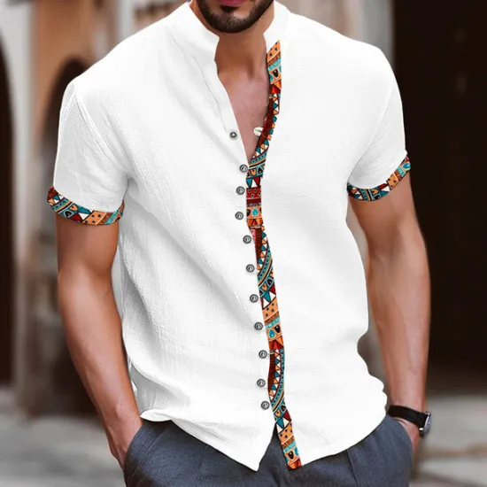 Discount OUKU Men's Tribal Vintage Shirt Button Up Shirt Short Sleeve Fashion Streetwear Designer Vacation Street Daily Summer Spring Stand Collar Print Blue-Green White Navy Blue Blue Orange