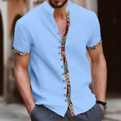 Discount OUKU Men's Tribal Vintage Shirt Button Up Shirt Short Sleeve Fashion Streetwear Designer Vacation Street Daily Summer Spring Stand Collar Print Blue-Green White Navy Blue Blue Orange