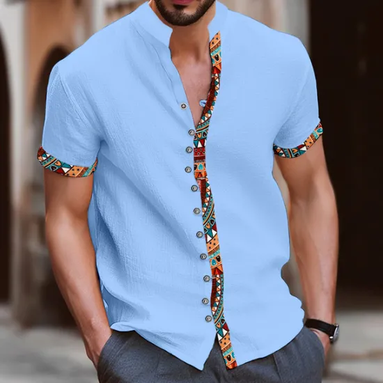 Discount OUKU Men's Tribal Vintage Shirt Button Up Shirt Short Sleeve Fashion Streetwear Designer Vacation Street Daily Summer Spring Stand Collar Print Blue-Green White Navy Blue Blue Orange