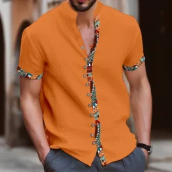 Discount OUKU Men's Tribal Vintage Shirt Button Up Shirt Short Sleeve Fashion Streetwear Designer Vacation Street Daily Summer Spring Stand Collar Print Blue-Green White Navy Blue Blue Orange