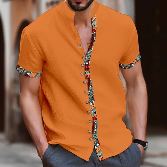 Discount OUKU Men's Tribal Vintage Shirt Button Up Shirt Short Sleeve Fashion Streetwear Designer Vacation Street Daily Summer Spring Stand Collar Print Blue-Green White Navy Blue Blue Orange