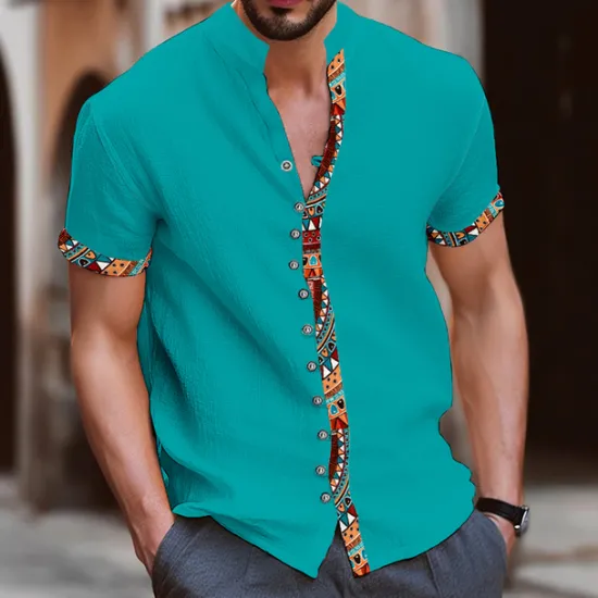 Discount OUKU Men's Tribal Vintage Shirt Button Up Shirt Short Sleeve Fashion Streetwear Designer Vacation Street Daily Summer Spring Stand Collar Print Blue-Green White Navy Blue Blue Orange