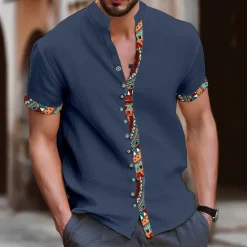 Discount OUKU Men's Tribal Vintage Shirt Button Up Shirt Short Sleeve Fashion Streetwear Designer Vacation Street Daily Summer Spring Stand Collar Print Blue-Green White Navy Blue Blue Orange