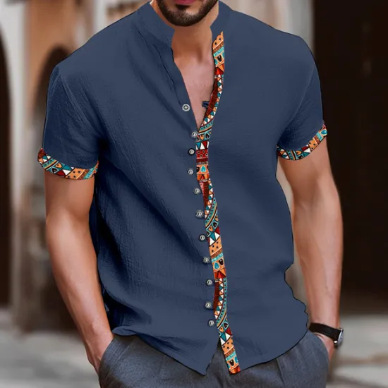 Discount OUKU Men's Tribal Vintage Shirt Button Up Shirt Short Sleeve Fashion Streetwear Designer Vacation Street Daily Summer Spring Stand Collar Print Blue-Green White Navy Blue Blue Orange