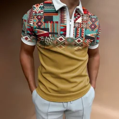 New OUKU Men's Tribal Zip Polo Shirts Golf Shirt Short Sleeve Polo Shirts Collared Shirts Vintage Casual Vacation Wear Party Outfits 3D Print Quarter Zip Polo Brown Khaki Gray