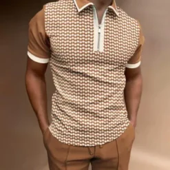 New OUKU Men's Tribal Zip Polo Shirts Golf Shirt Short Sleeve Polo Shirts Collared Shirts Vintage Casual Vacation Wear Party Outfits 3D Print Quarter Zip Polo Brown Khaki Gray