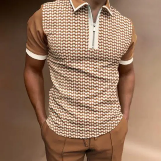 New OUKU Men's Tribal Zip Polo Shirts Golf Shirt Short Sleeve Polo Shirts Collared Shirts Vintage Casual Vacation Wear Party Outfits 3D Print Quarter Zip Polo Brown Khaki Gray