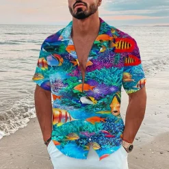 Sale OUKU Men's Tropical Fish Underwater World Shirt Summer Hawaiian Shirt Camp Collar Shirt Short Sleeve Shirt Turndown Fashion Designer Casual Outdoor Street Casual Sea Blue Navy Blue Royal Blue 3D Print S M