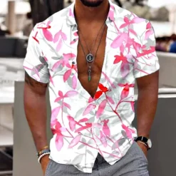 Discount OUKU Men's Tropical Flowers Leaves Shirt Summer Hawaiian Shirt Aloha Shirt Short Sleeves Shirt Turndown Fashion Designer Casual Outdoor Street Casual White Yellow Pink 3D Print S M L