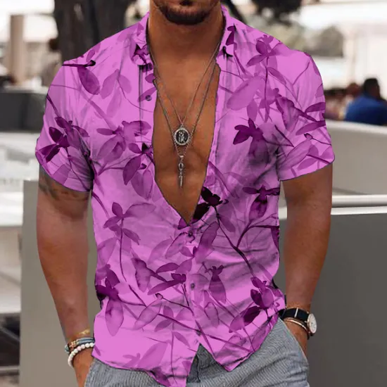 Discount OUKU Men's Tropical Flowers Leaves Shirt Summer Hawaiian Shirt Aloha Shirt Short Sleeves Shirt Turndown Fashion Designer Casual Outdoor Street Casual White Yellow Pink 3D Print S M L