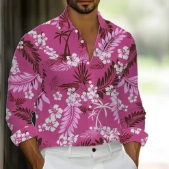 Best OUKU Men's Tropical Flowers Palm Leaf Shirt Summer Hawaiian Shirt Button Up Shirt Long Sleeve Hawaiian Holiday Streetwear Summer Spring Turndown 3D Print Collared Shirts Blue Green Light Blue Rose Red