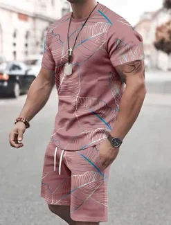 Sale OUKU Men's Tropical Flowers 2pcs Tees sets Summer Tops Short Sleeve Short Pants Crew Neck Vacation Casual Outdoor Vacation Sport 3D Print Summer Violet Robin's Egg Blue Pink