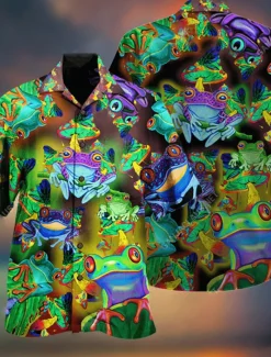 New OUKU Men's Tropical Frog Shirt Summer Hawaiian Shirt Aloha Shirt Short Sleeves Shirt Turndown Tropical Fashion Hawaiian Outdoor Street Hawaiian S M L Green