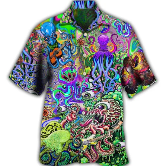 Sale OUKU Men's Tropical Guitar Octopus Shirt Summer Hawaiian Shirt Aloha Shirt Short Sleeve Shirt Turndown Tropical Fashion Hawaiian Casual Hawaiian Holiday Yellow Red Purple S M L